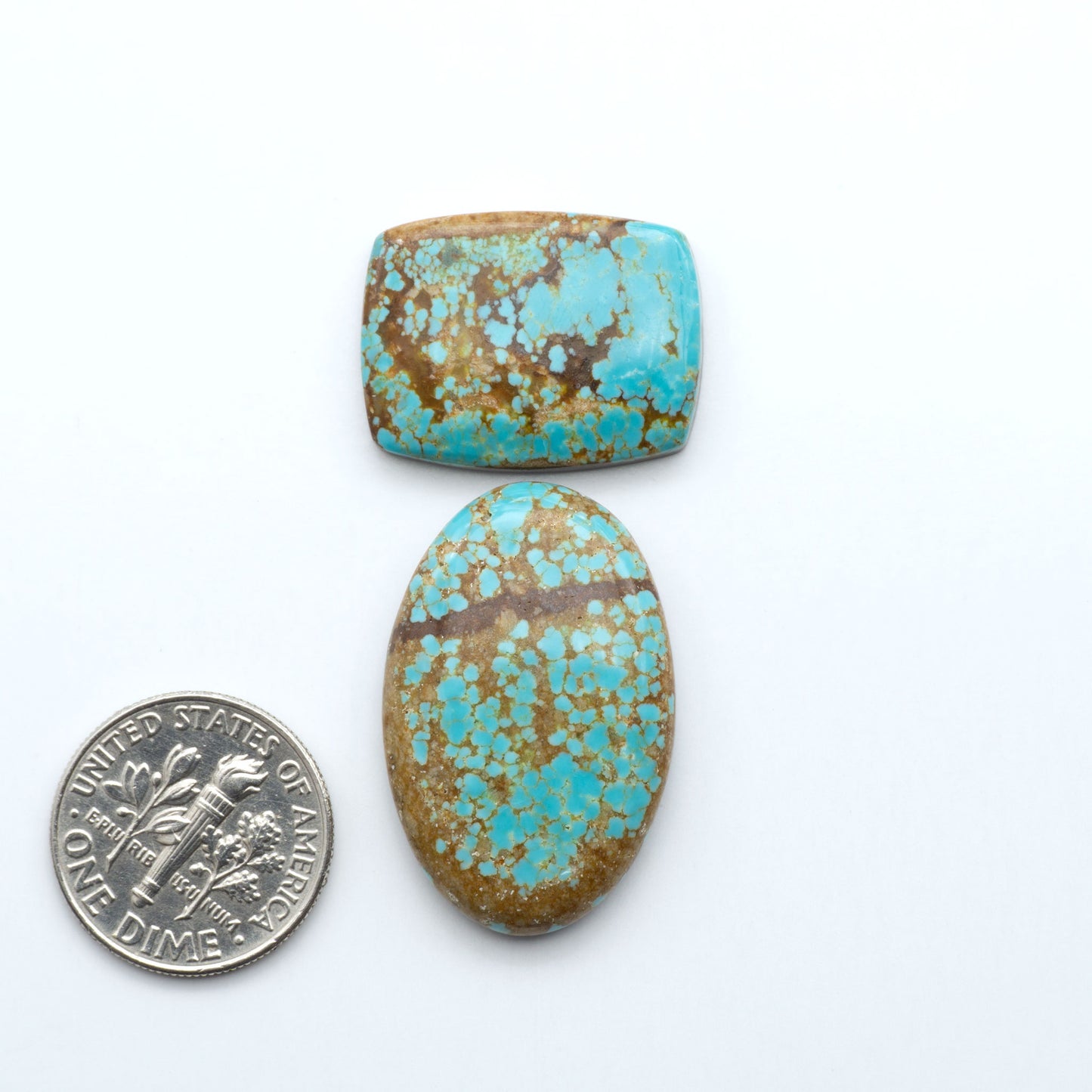 Two turquoise stones with brown speckles next to a dime on a white background Number 8 Turquoise Cabochons have been selected for their quality and unique appearance. Don't miss the chance to add a one-of-a-kind piece to your collection.