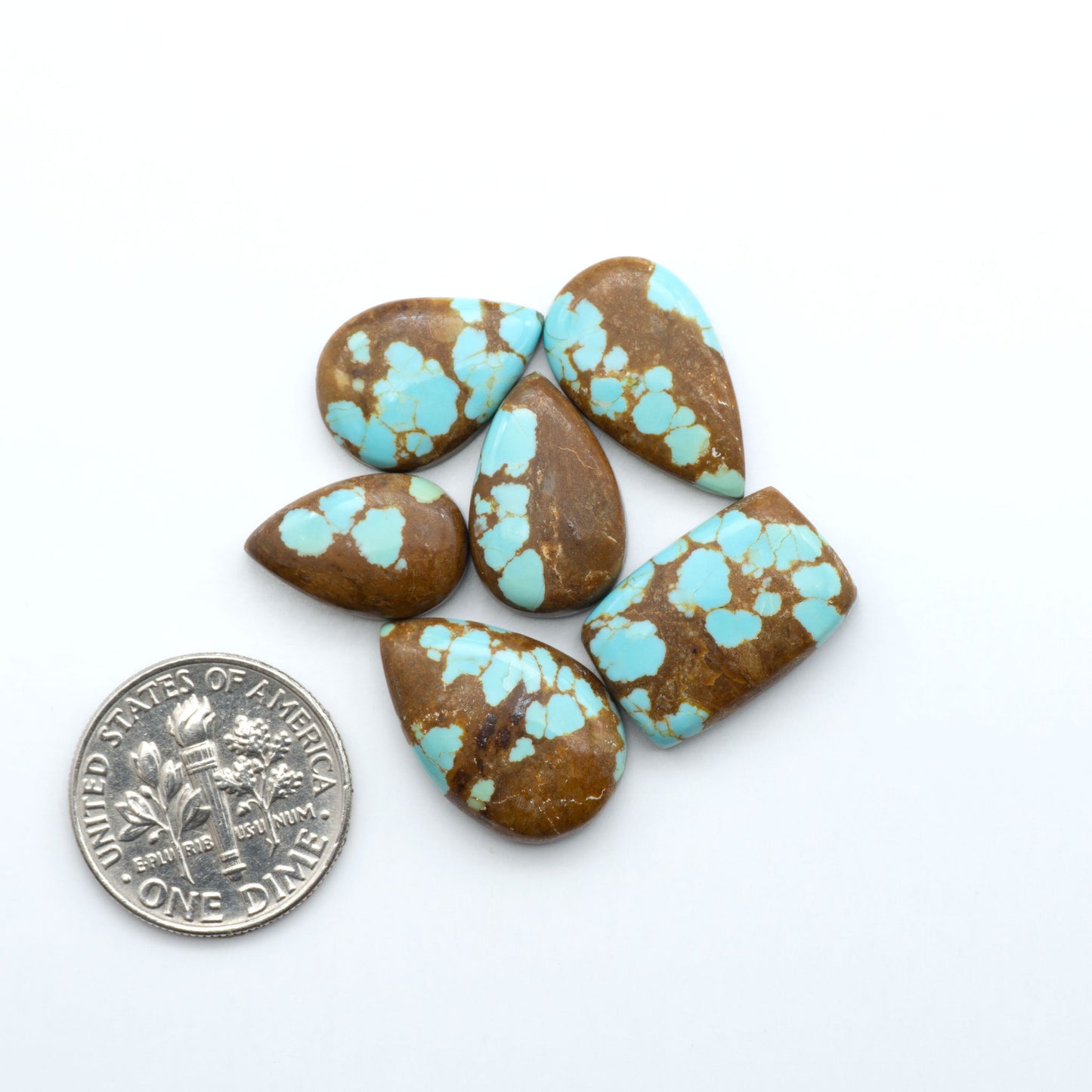 Turquoise and brown stone beads with a dime for scale on a white background. Number 8 Turquoise Cabochons have been selected for their quality and unique appearance. Don't miss the chance to add a one-of-a-kind piece to your collection.