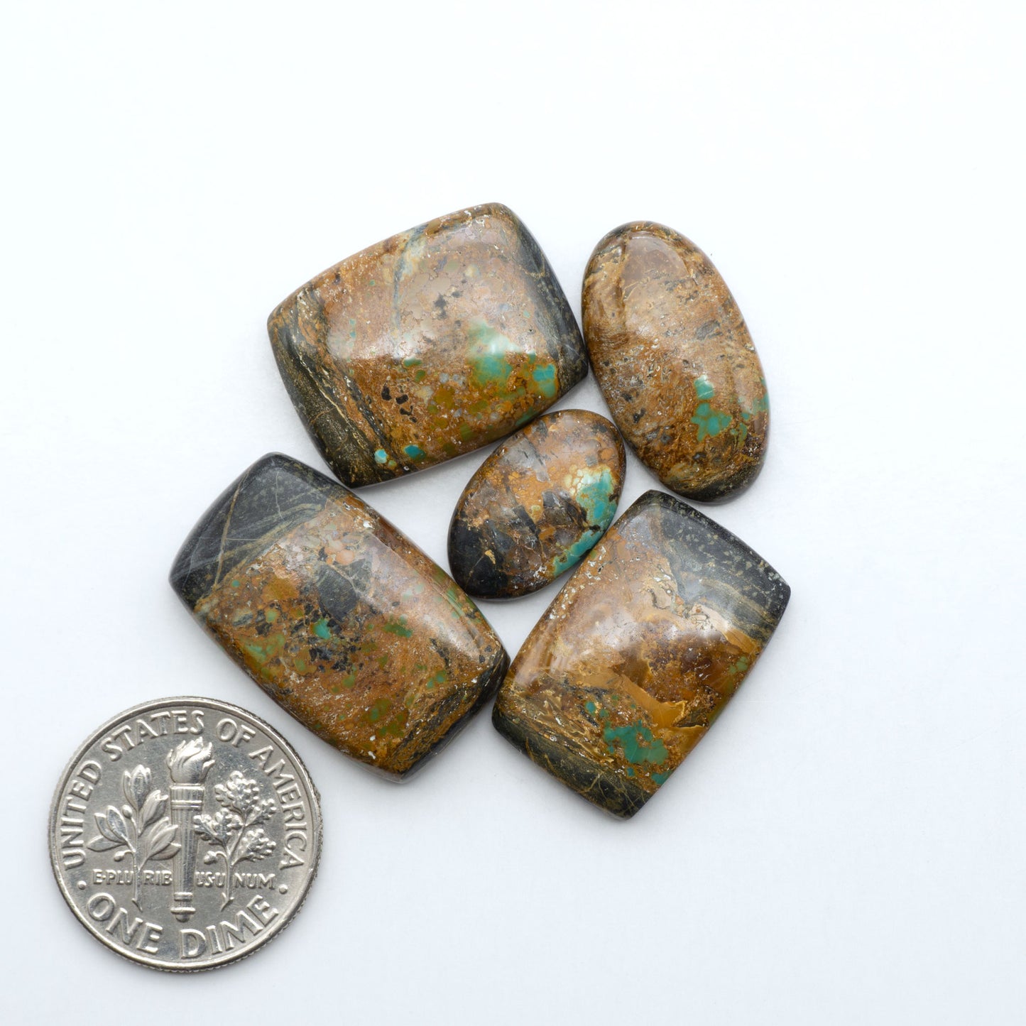 Black Jack turquoise cabochons, blue-green color with black matrix, polished stones on a white background with a US dime for scale