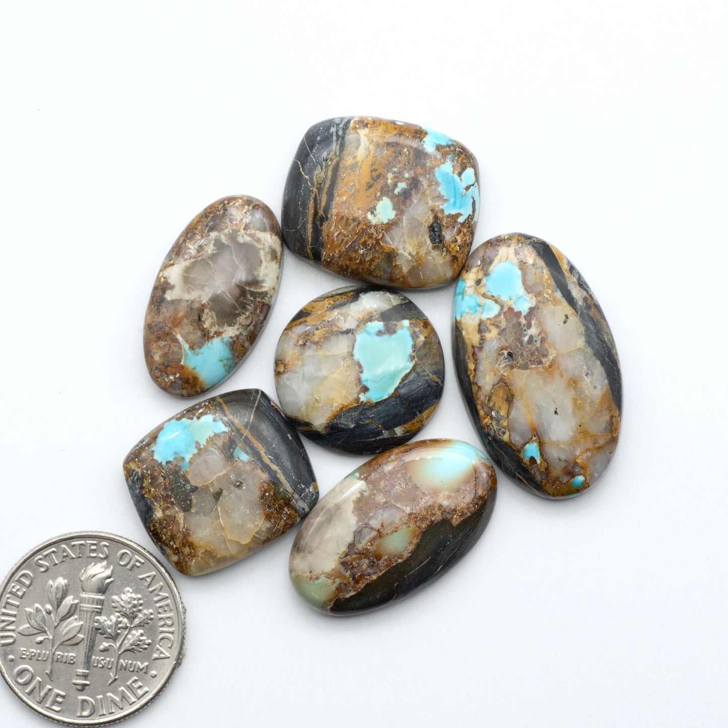 Black Jack turquoise cabochons, blue-green color with black matrix, polished stones on a white background with a US dime for scale
