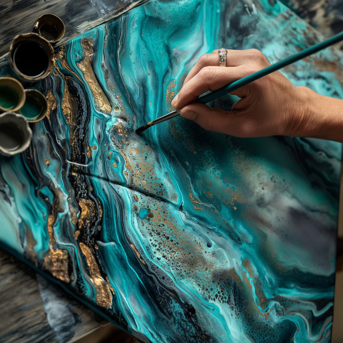 Artist's hand painting an abstract canvas in turquoise, black and gold that echoes turquoise matrix patterns