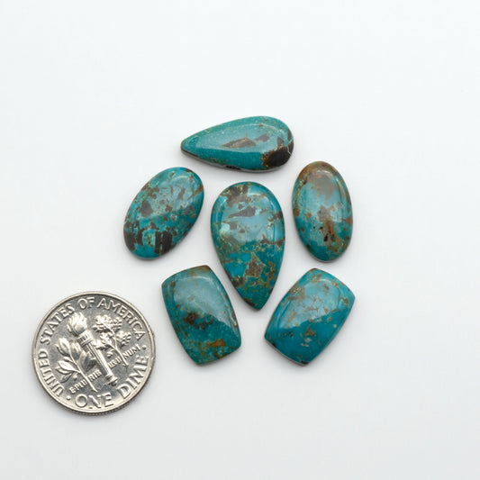 Turquoise stones with a U.S. dollar coin for size comparison on a white background