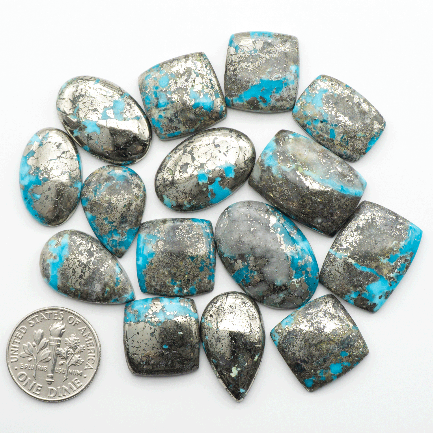 Nacozari turquoise cabochons are striking gemstones known for their vibrant blue to greenish-blue colors and pyrite, these stones are prized in jewelry making.