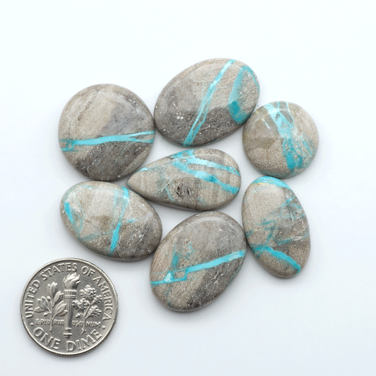 Carico Lake Turquoise cabochons with vibrant aqua-blue to turquoise tones and natural matrix, ideal for rings, pendants, and artisan jewelry.