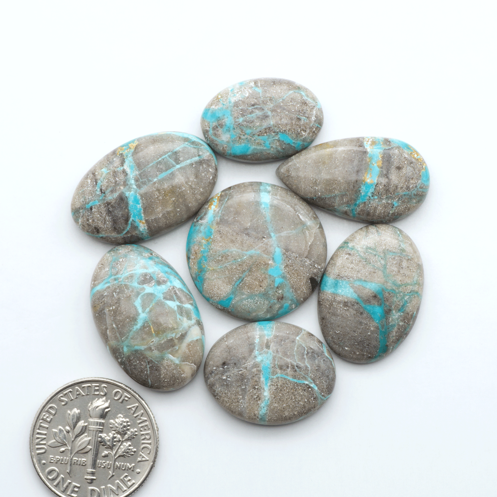 Carico Lake Turquoise cabochons with vibrant aqua-blue to turquoise tones and natural matrix, ideal for rings, pendants, and artisan jewelry.