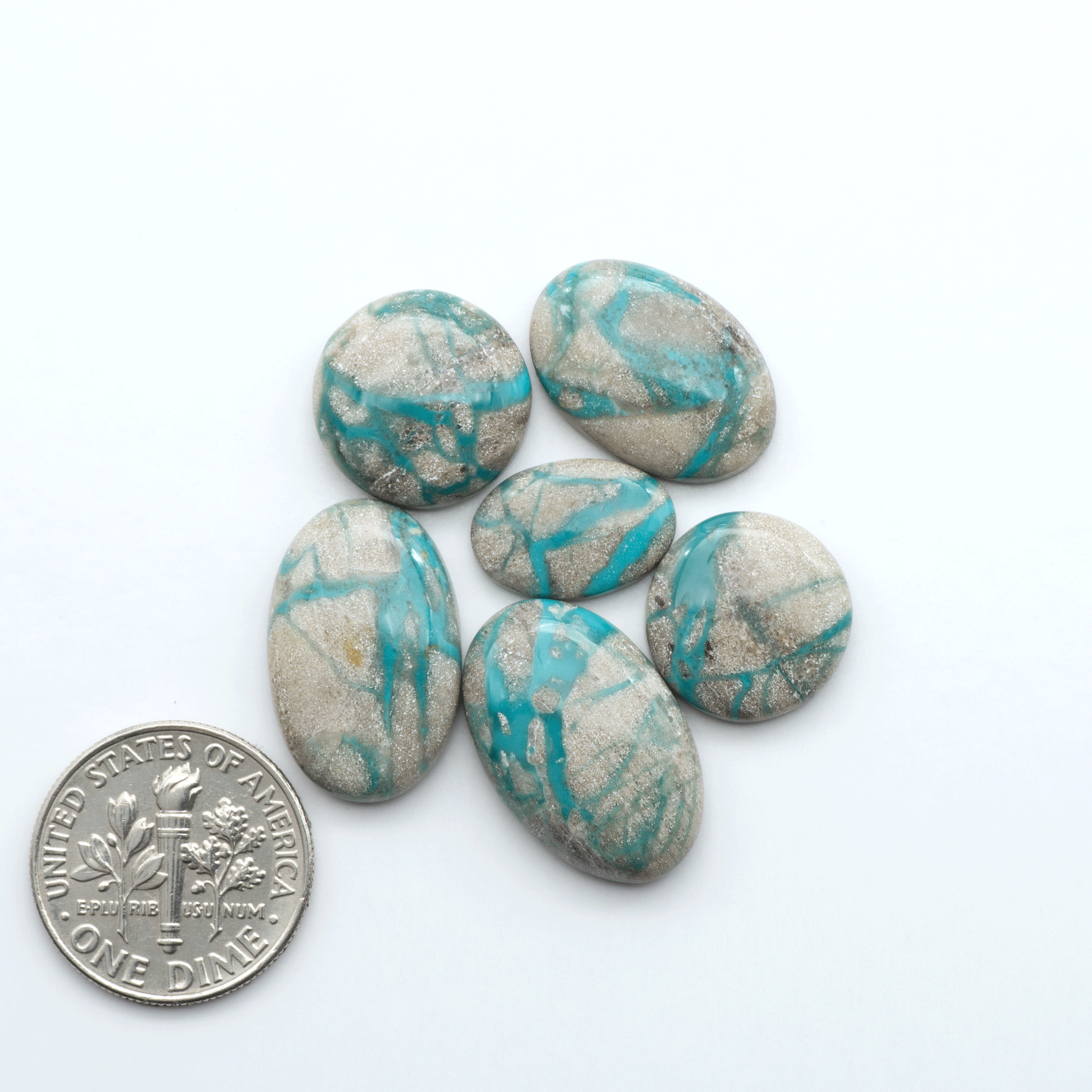 Carico Lake Turquoise cabochons with vibrant aqua-blue to turquoise tones and natural matrix, ideal for rings, pendants, and artisan jewelry.