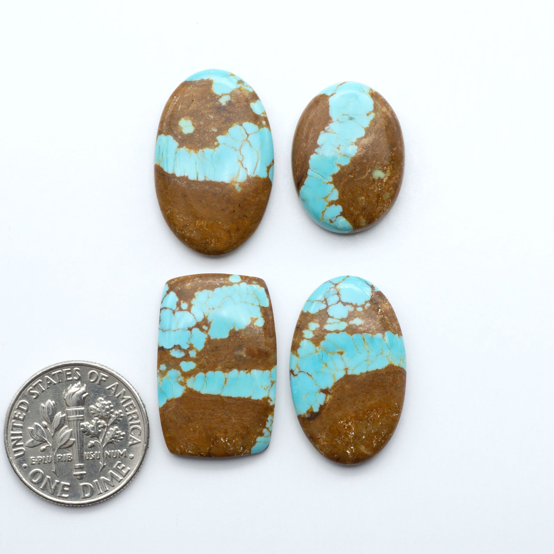 Four turquoise and brown stones with a quarter for scale on a white background. Number 8 Turquoise Cabochons have been selected for their quality and unique appearance. Don't miss the chance to add a one-of-a-kind piece to your collection.