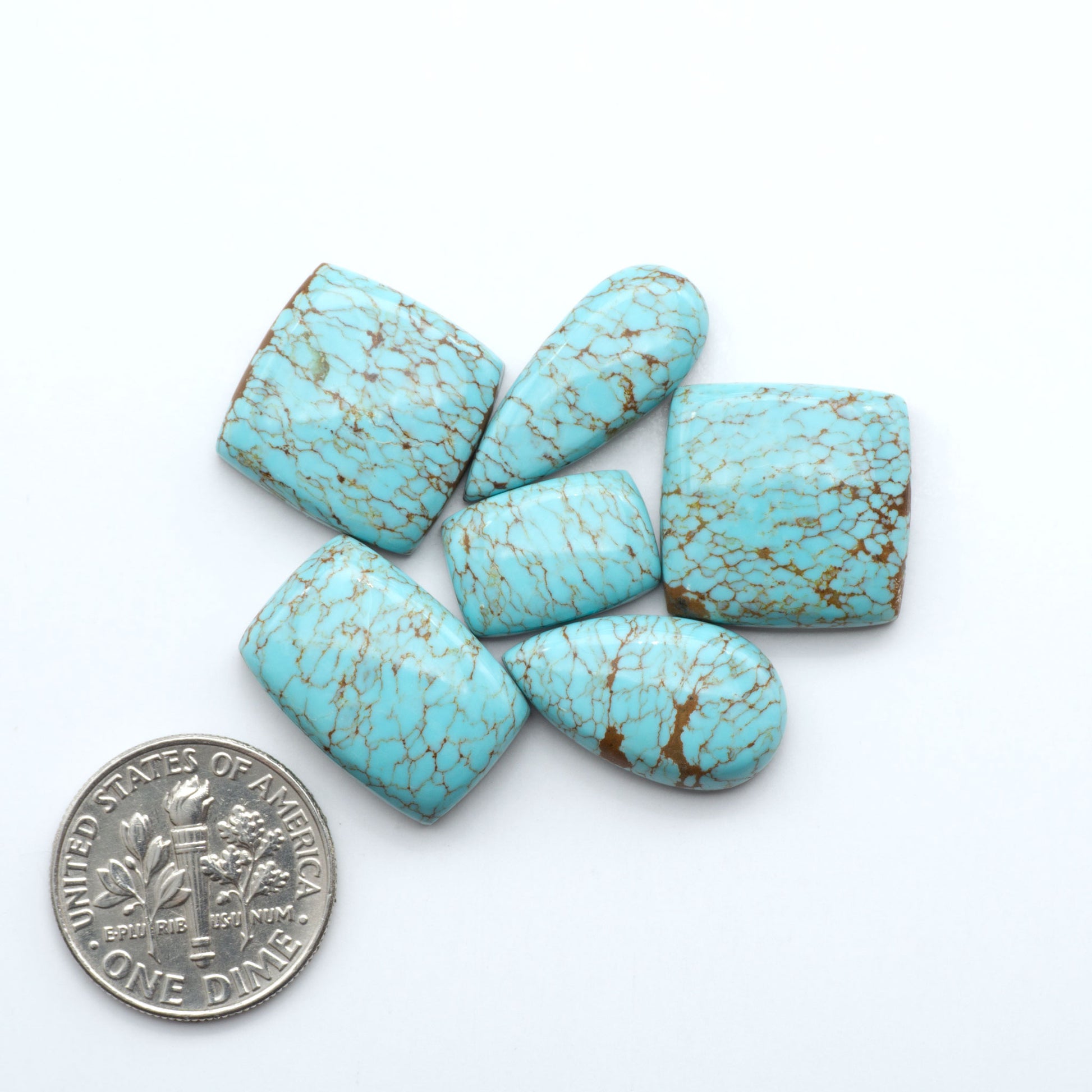 Turquoise stones with a U.S. dime for scale on a white background. Number 8 Turquoise Cabochons have been selected for their quality and unique appearance. Don't miss the chance to add a one-of-a-kind piece to your collection.