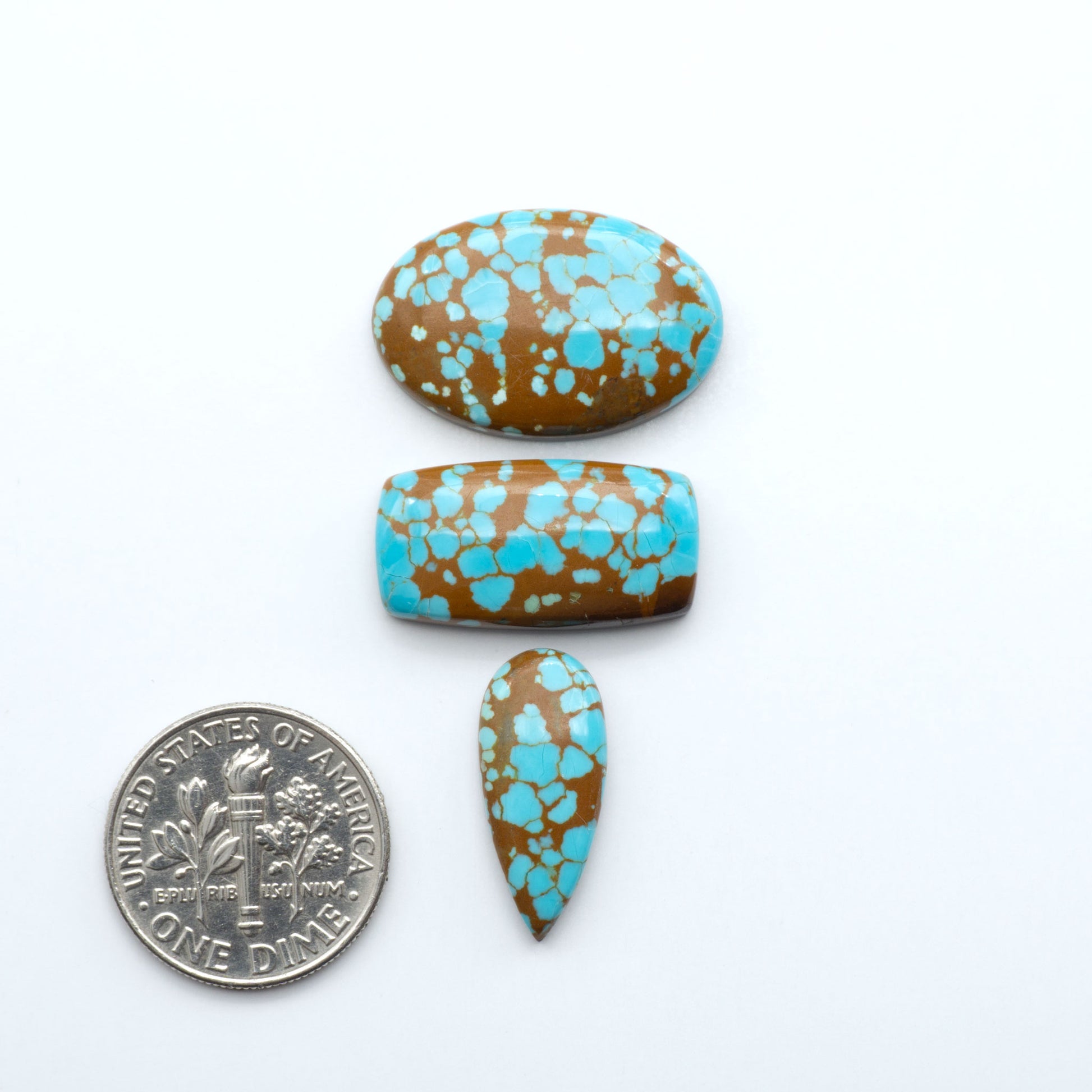 Three turquoise and brown speckled stones with a quarter for scale on a white background. Number 8 Turquoise Cabochons have been selected for their quality and unique appearance. Don't miss the chance to add a one-of-a-kind piece to your collection.