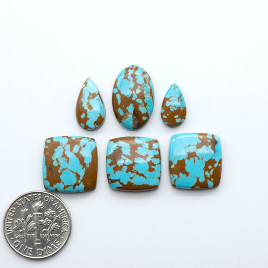Turquoise and brown stone cabochons with a dime for scale on a white background. Number 8 Turquoise Cabochons have been selected for their quality and unique appearance. Don't miss the chance to add a one-of-a-kind piece to your collection.