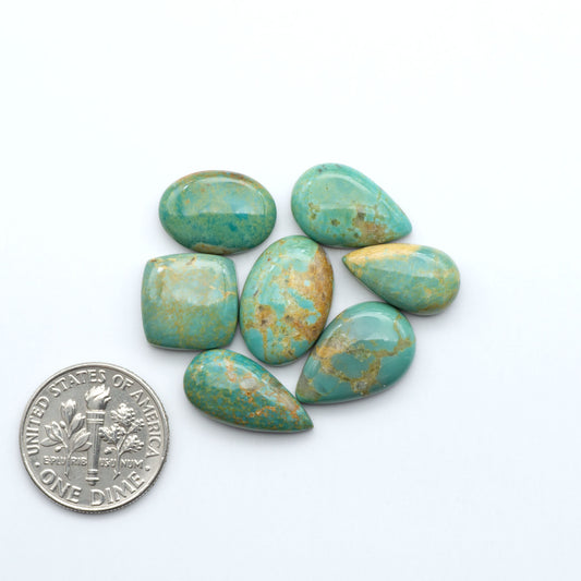 Turquoise stones with a U.S. dime for scale on a white background. Experience the beauty of Turquoise Mountain Cabochons. With their distinctive blue and green color, these gemstones are perfect for any jewelry piece.