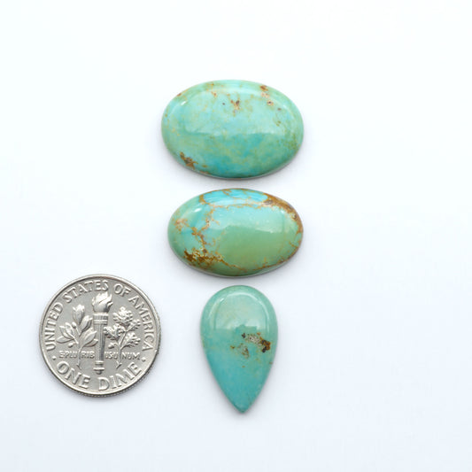 Turquoise stones with a U.S. dime for scale on a white background. Experience the beauty of Turquoise Mountain Cabochons. With their distinctive blue and green color, these gemstones are perfect for any jewelry piece.
