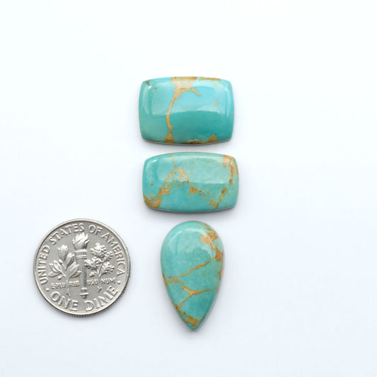 Turquoise stones with a U.S. dime for scale on a white background. Experience the beauty of Turquoise Mountain Cabochons. With their distinctive blue and green color, these gemstones are perfect for any jewelry piece.
