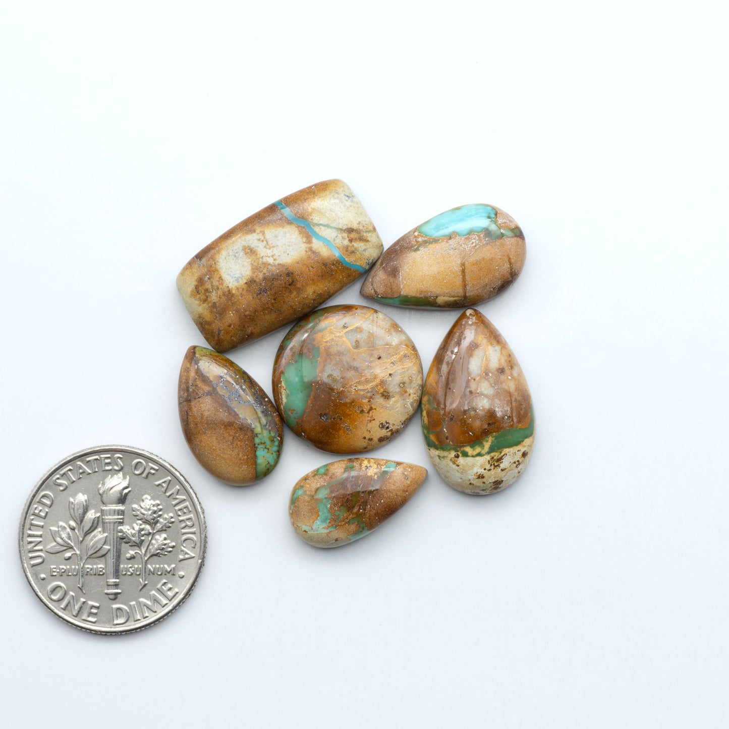 Turquoise stones with a U.S. quarter for scale on a white background. Royston Turquoise cabochons are famous for their distinctive matrix and unique green and blue hues, making them a favored option among jewelry designers.