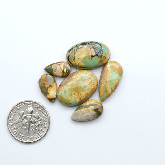 Turquoise stones with a dime for scale on a white background. Royston Turquoise cabochons are famous for their distinctive matrix and unique green and blue hues, making them a favored option among jewelry designers.