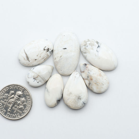 White stones on a white background with a dime for scale.Natural White Buffalo Stone Cabochons are semi-precious gemstones cut into shapes ideal for jewelry-making, making them an excellent choice for artisans.