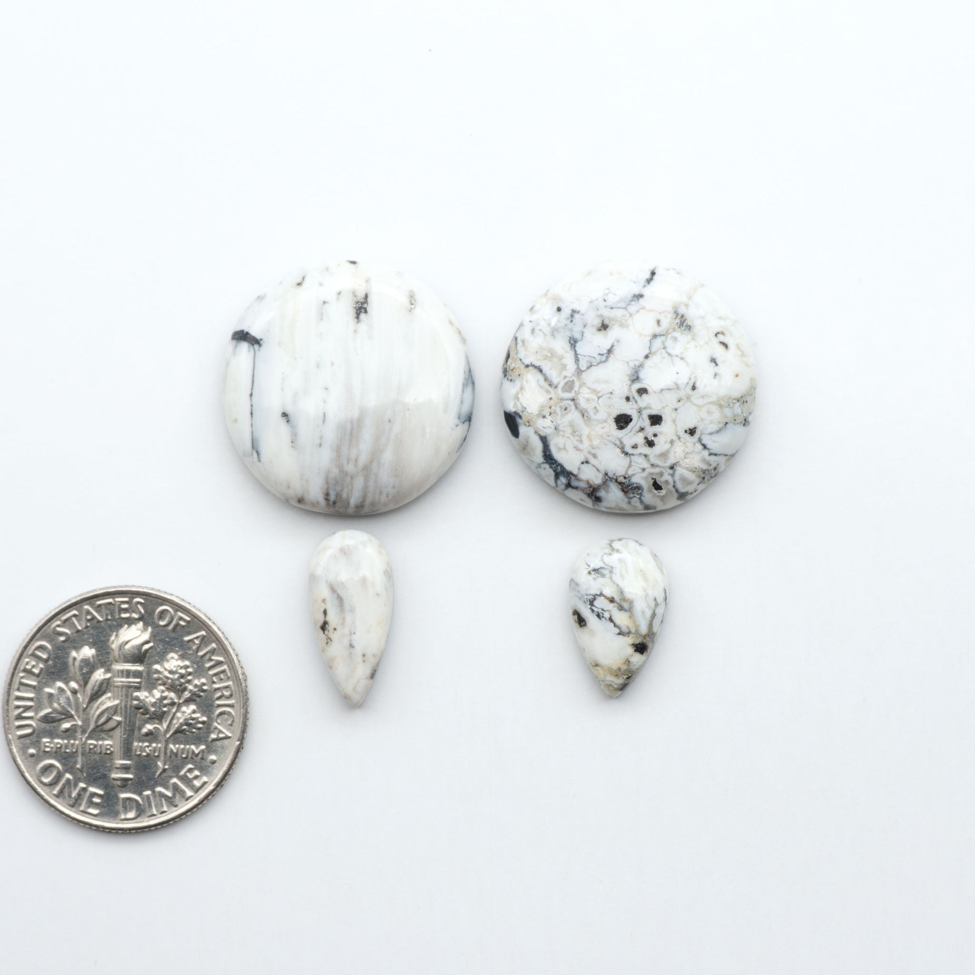 White marbled stones with a dime for scale on a white background.Natural White Buffalo Stone Cabochons are semi-precious gemstones cut into shapes ideal for jewelry-making, making them an excellent choice for artisans.