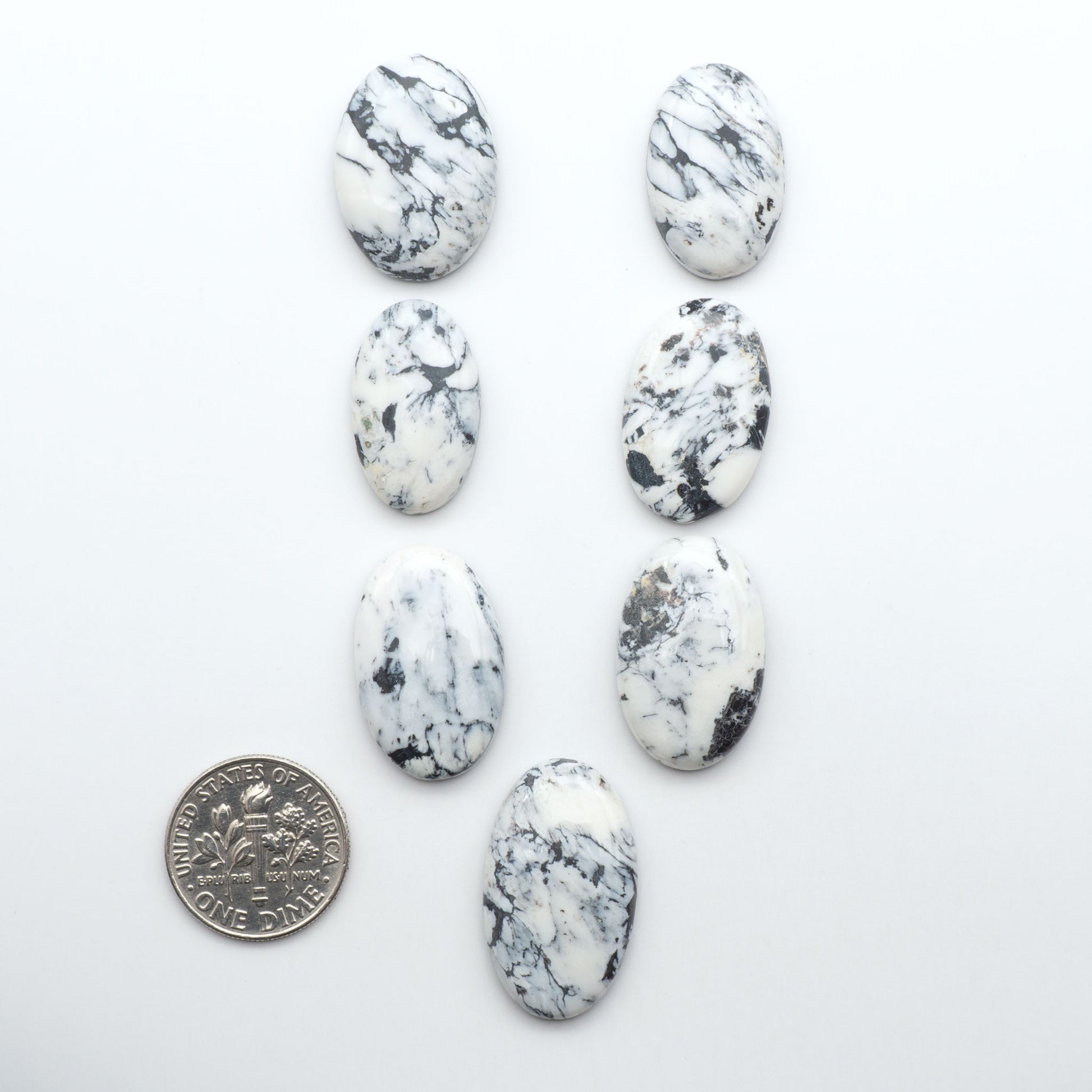 White and black marbled stones with a coin for scale on a white background. Natural White Buffalo Stone Cabochons are semi-precious gemstones cut into shapes ideal for jewelry-making, making them an excellent choice for artisans.