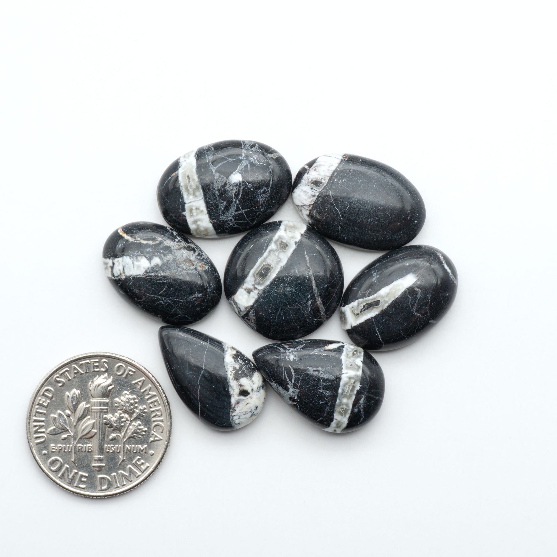 Black and gray marbled stones with silver inclusions on a white background, next to a U.S. dime for scale. Natural White Buffalo Stone Cabochons are semi-precious gemstones cut into shapes ideal for jewelry-making, making them an excellent choice for artisans.
