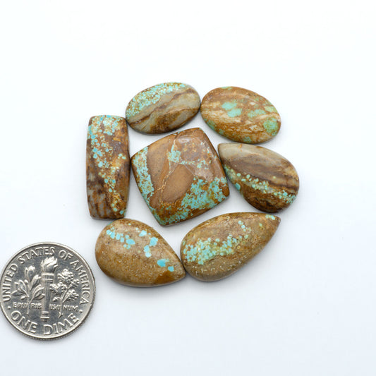 Turquoise stones with a U.S. dime for size comparison on a white background. Number 8 Turquoise Cabochons have been selected for their quality and unique appearance. Don't miss the chance to add a one-of-a-kind piece to your collection.