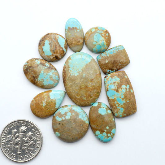 Turquoise and brown stones with a dime for scale on a white background. Number 8 Turquoise Cabochons have been selected for their quality and unique appearance. Don't miss the chance to add a one-of-a-kind piece to your collection.