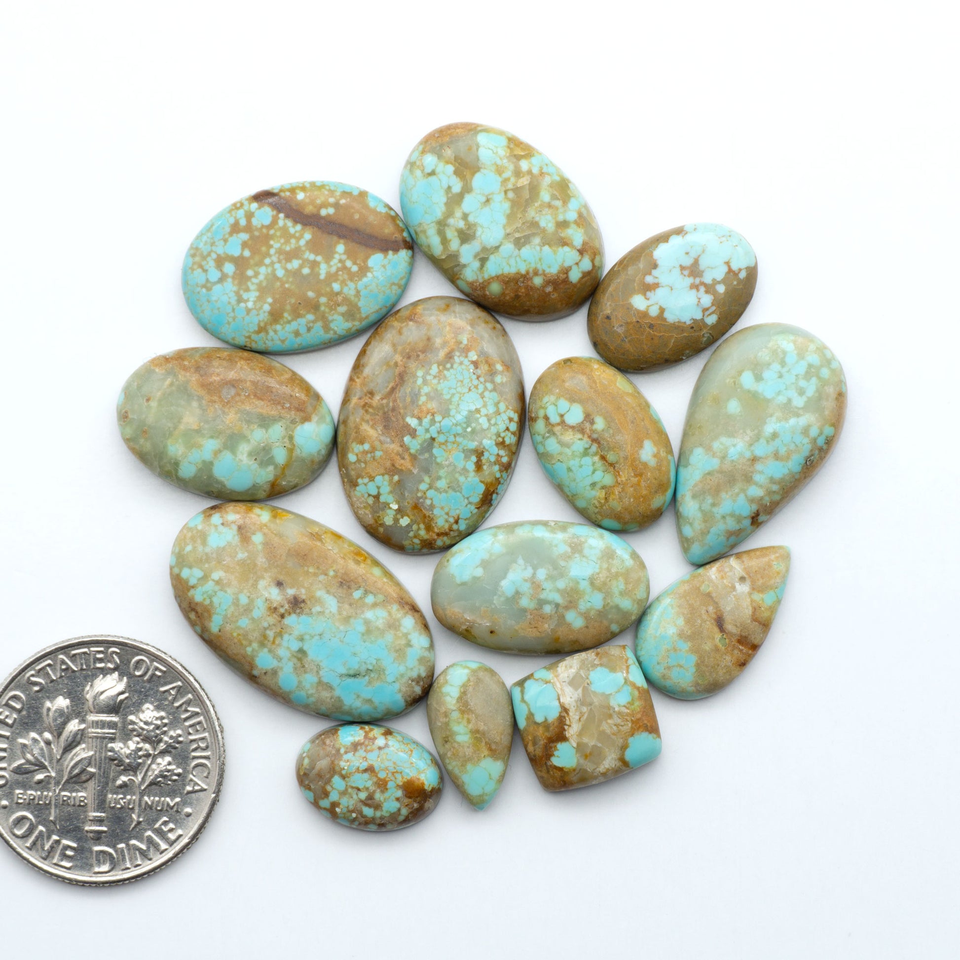 Turquoise stones with a quarter for scale on a white background. Number 8 Turquoise Cabochons have been selected for their quality and unique appearance. Don't miss the chance to add a one-of-a-kind piece to your collection.