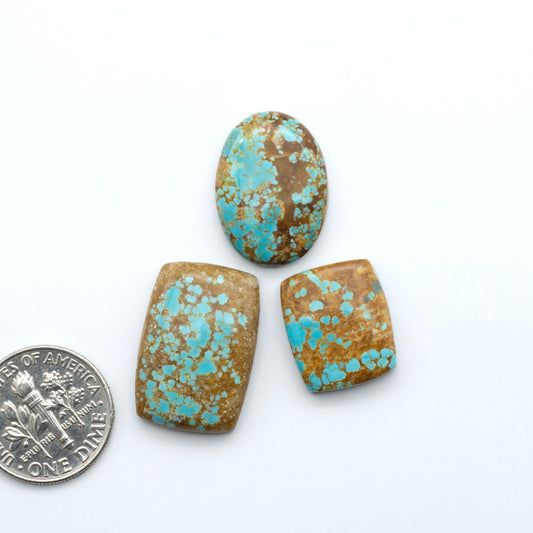 Three turquoise stones with brownish hues on a white background, one next to a U.S. quarter for size comparison. Number 8 Turquoise Cabochons have been selected for their quality and unique appearance. Don't miss the chance to add a one-of-a-kind piece to your collection.
