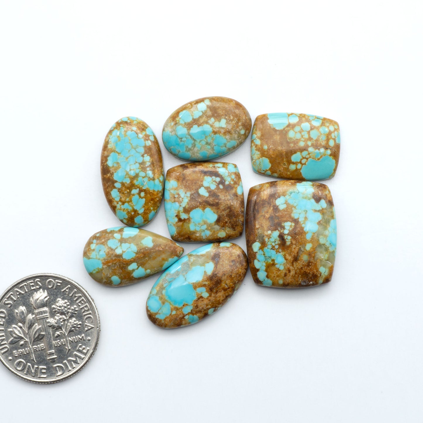 Turquoise and brown stones with a U.S. quarter for scale on a white background. Number 8 Turquoise Cabochons have been selected for their quality and unique appearance. Don't miss the chance to add a one-of-a-kind piece to your collection.