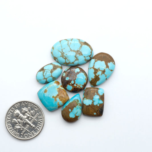 Turquoise stones with brown accents on a white background, one next to a dime for size comparison. Number 8 Turquoise Cabochons have been selected for their quality and unique appearance. Don't miss the chance to add a one-of-a-kind piece to your collection.