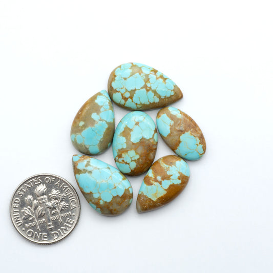 Turquoise and brown stones with a U.S. quarter for scale on a white background. Number 8 Turquoise Cabochons have been selected for their quality and unique appearance. Don't miss the chance to add a one-of-a-kind piece to your collection.