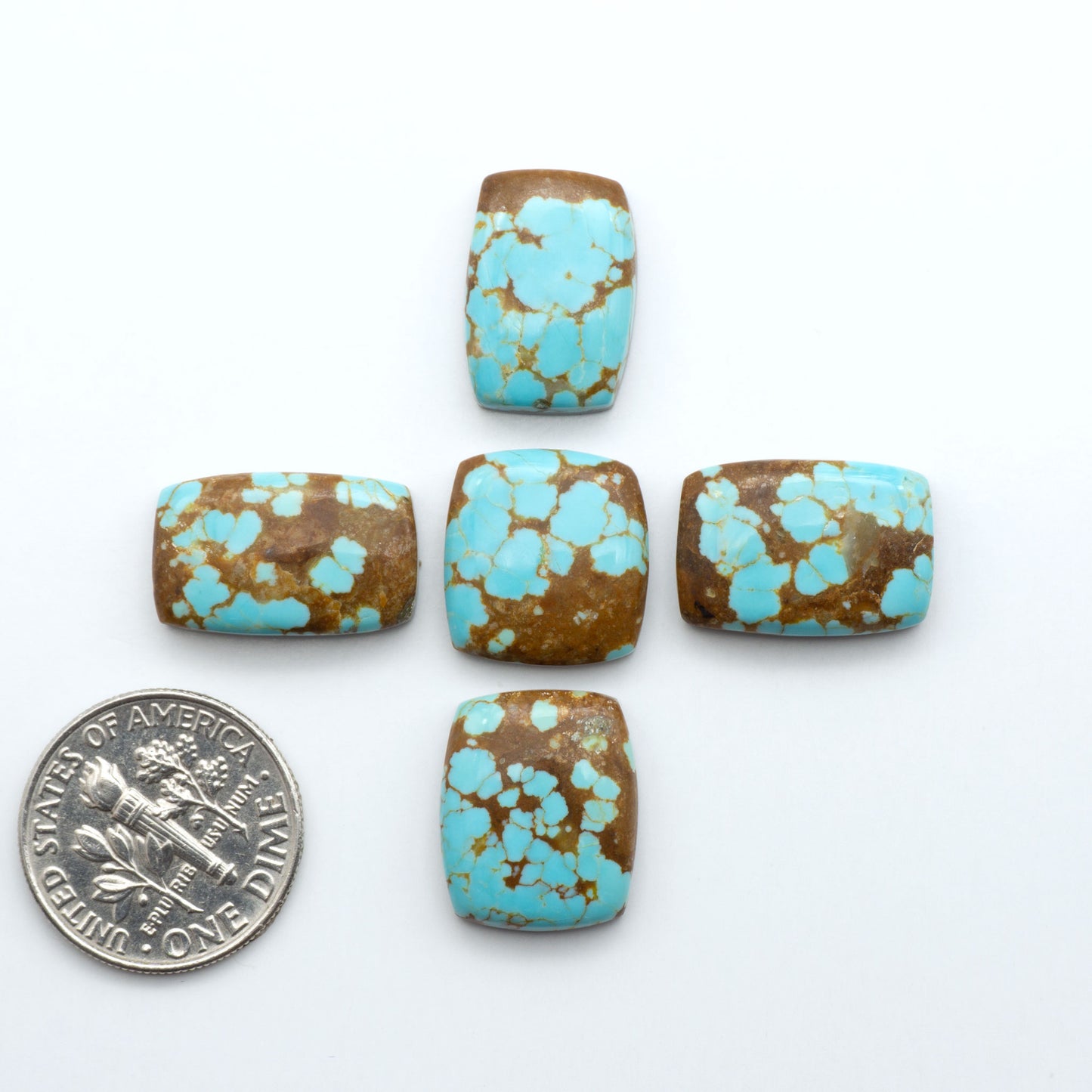 Five turquoise and brown beads with a quarter for scale on a white background. Number 8 Turquoise Cabochons have been selected for their quality and unique appearance. Don't miss the chance to add a one-of-a-kind piece to your collection.