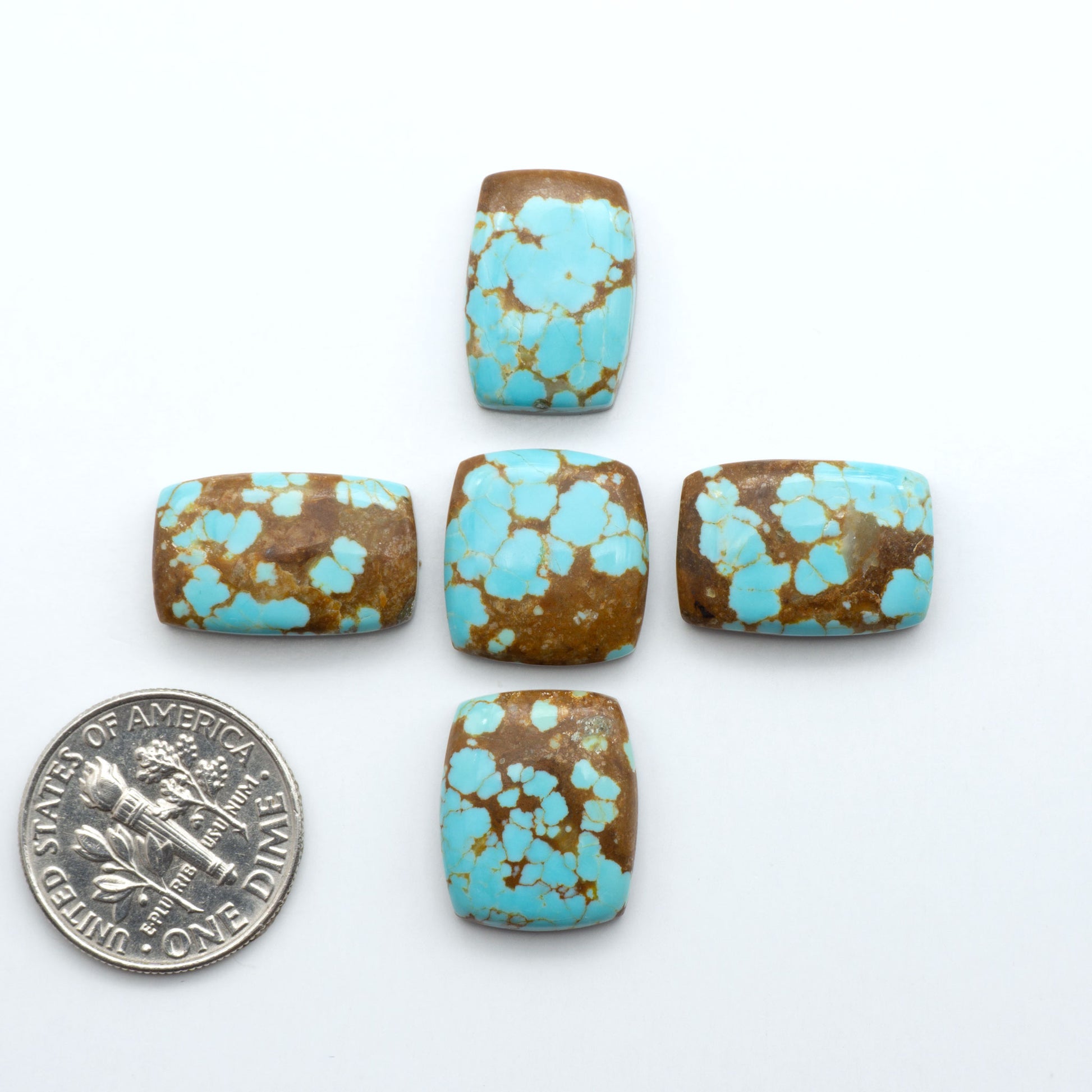 Five turquoise and brown beads with a quarter for scale on a white background. Number 8 Turquoise Cabochons have been selected for their quality and unique appearance. Don't miss the chance to add a one-of-a-kind piece to your collection.