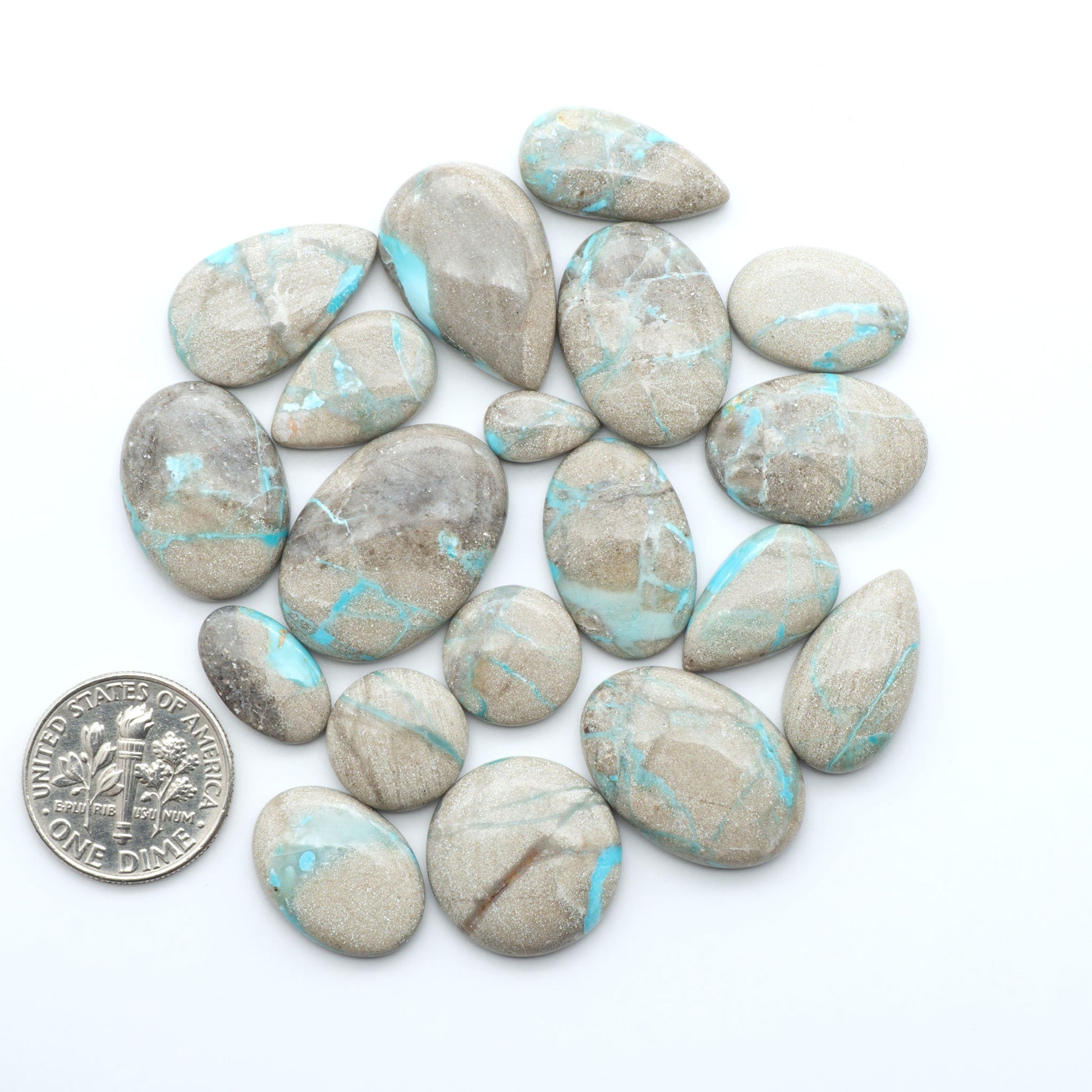 Carico Lake Turquoise cabochons with vibrant aqua-blue to turquoise tones and natural matrix, ideal for rings, pendants, and artisan jewelry.