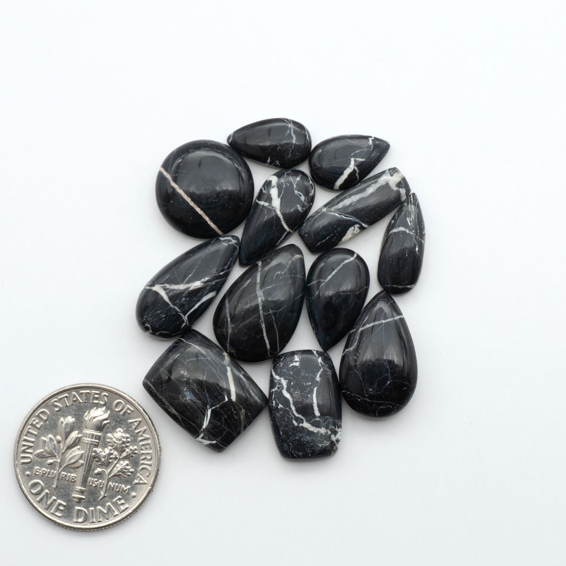 Black marbled stones with a quarter for scale on a white background. Natural White Buffalo Stone Cabochons are semi-precious gemstones cut into shapes ideal for jewelry-making, making them an excellent choice for artisans.