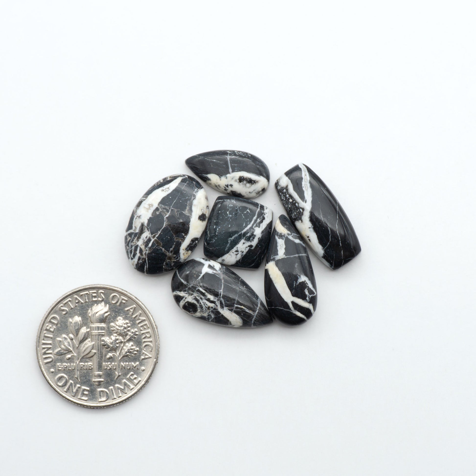 Black and white marbled stones with a U.S. dime for scale on a white background. Natural White Buffalo Stone Cabochons are semi-precious gemstones cut into shapes ideal for jewelry-making, making them an excellent choice for artisans.