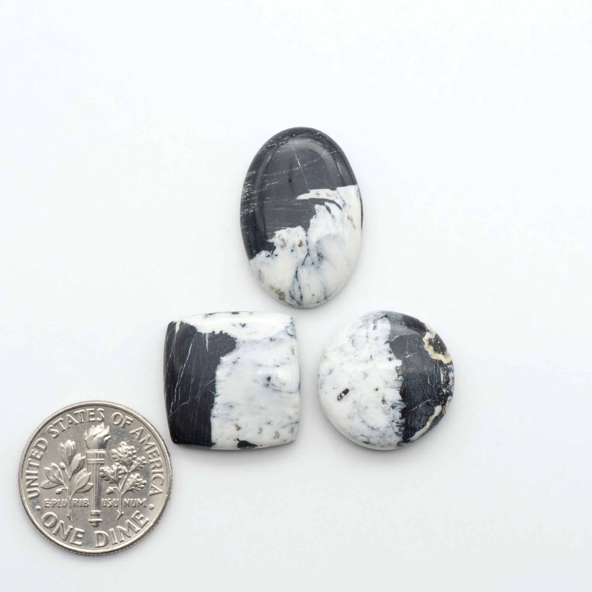 Three black and white marbled stones with a quarter for scale on a white background. Natural White Buffalo Stone Cabochons are semi-precious gemstones cut into shapes ideal for jewelry-making, making them an excellent choice for artisans.