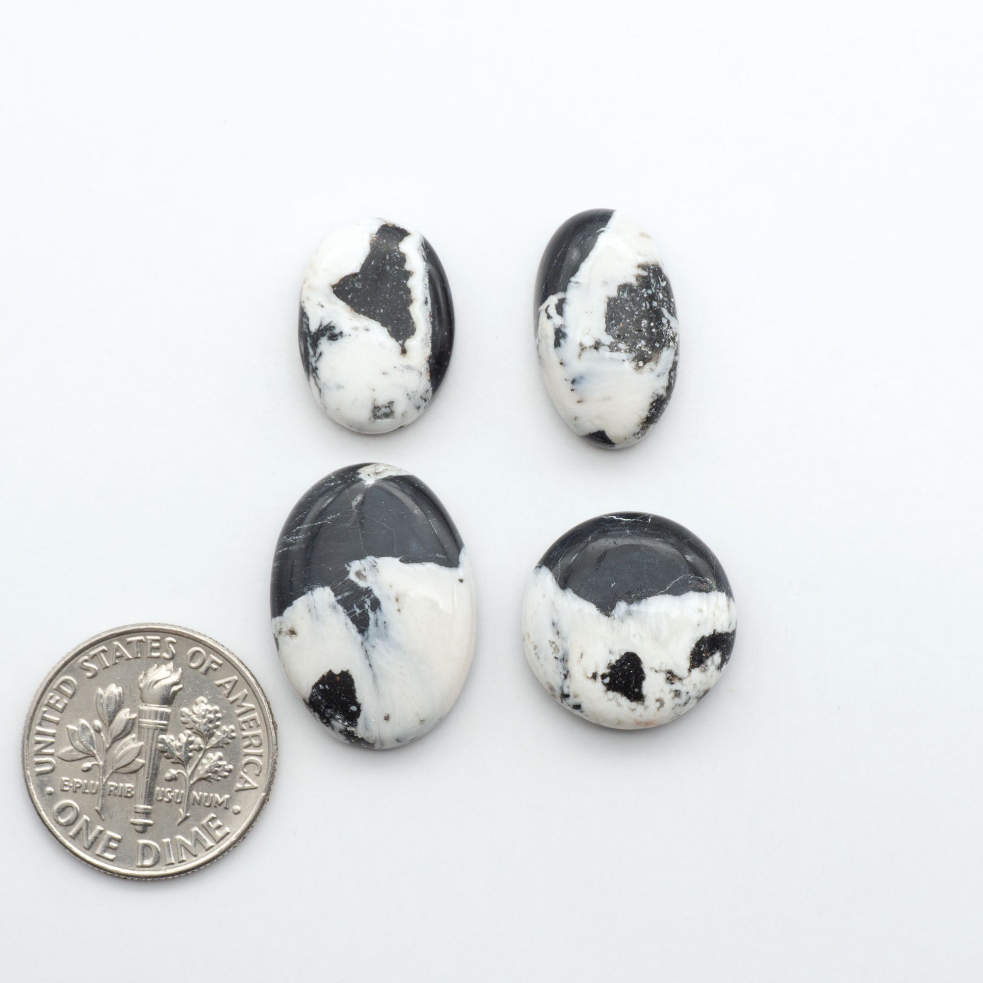 Four black and white marbled stones next to a U.S. dime on a white background. Natural White Buffalo Stone Cabochons are semi-precious gemstones cut into shapes ideal for jewelry-making, making them an excellent choice for artisans.