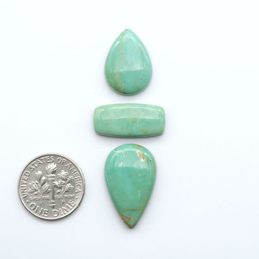 Three turquoise stones of different shapes on a white background with a dime for scale.