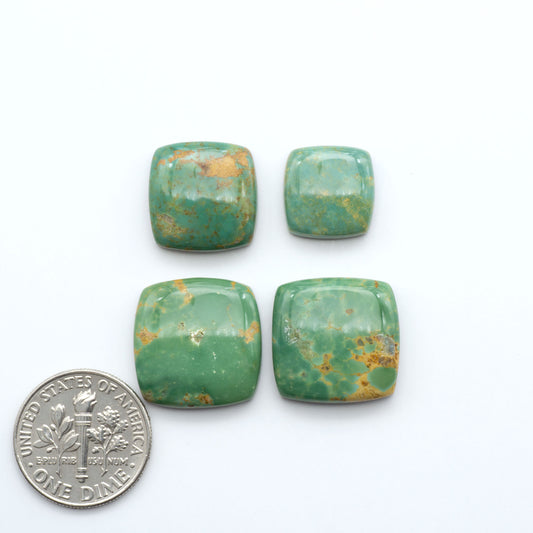 Four green square stones with brown speckles next to a U.S. dime  coin on a white background