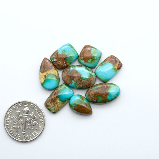 Turquoise stones with a dime for scale on a white background
