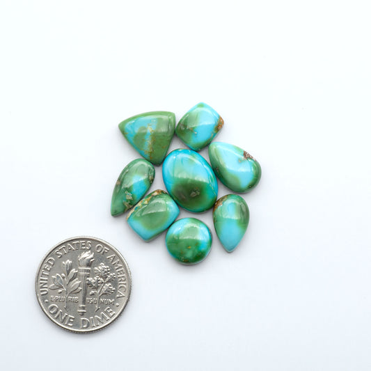 Turquoise stones next to a U.S. dime on a white background