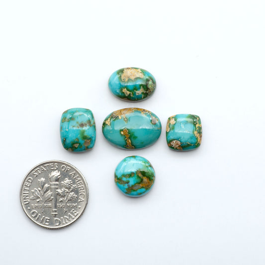 Five turquoise stones with gold veins on a white background, one next to a U.S. dime for size comparison.