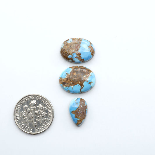 Three turquoise stones with brown accents on a white background, one next to a dime for size comparison.