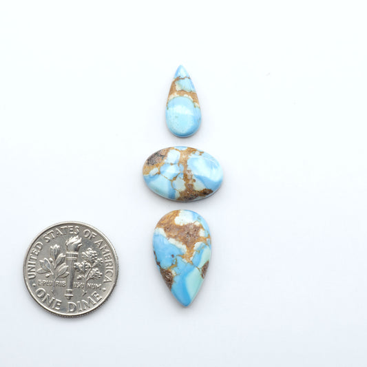 Three turquoise and brown stone teardrops with a dime for scale on a white background