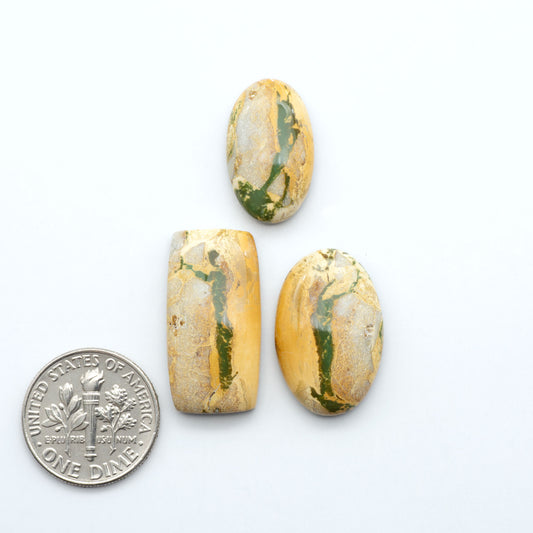 green royston ribbon turquoise stones on a white background next to us dime for size comparison