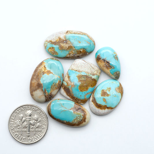 blue green royston turquoise stones on a white background next to us dime for size comparison