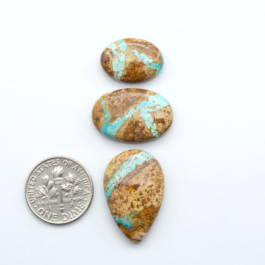 blue green royston ribbon turquoise stones on a white background next to us dime for size comparison