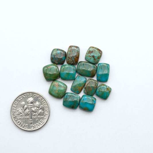 Sonoran Mountain turquoise cabochon lot blue green stones on white background with U.S. dime for size.