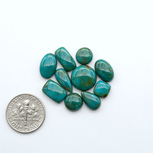 Sonoran Mountain turquoise cabochon lot blue green stones on white background with U.S. dime for size.