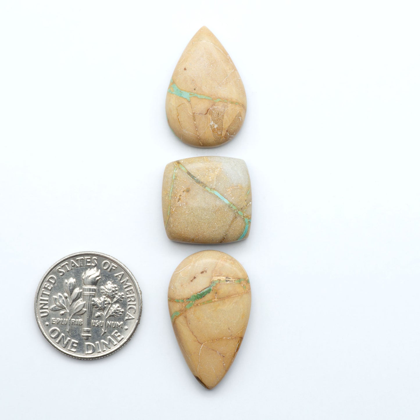 Crow Springs Ribbon turquoise cabochons, rich color with distinctive matrix, polished stones on white background with US dime for scale
